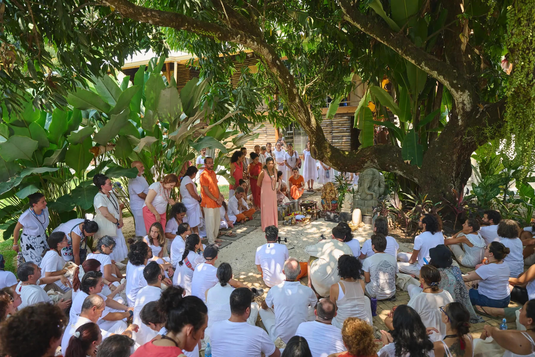 Decenas de personas vestidas de blanco, sentadas y de pie en círculo bajo un gran árbol, alrededor de un altar con imágenes de Ganesha entre plantas tropicales